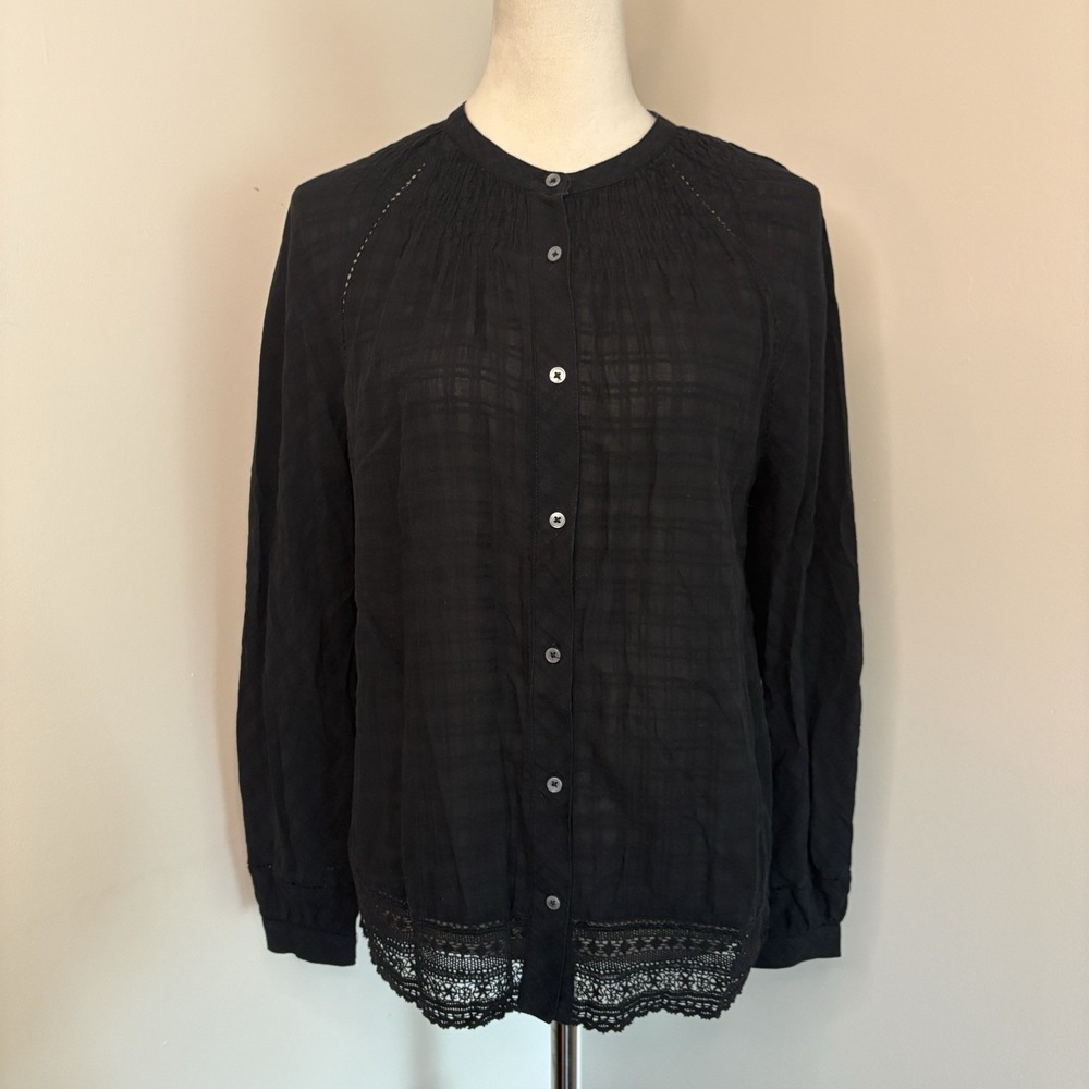 J. Crew Point Sur Peasant Top Black Windowpane Cotton Voile Lace Hem Shirt Small